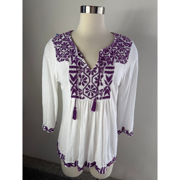 Lucky Brand Tops - Lucky Brand Womens Small White Purple Embroidered Peasant Top Tassel Boho Blouse